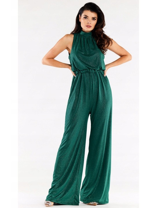 Salopeta de dama cu guler inalt, croiala lejera si pantaloni largi, Awama, Verde inchis