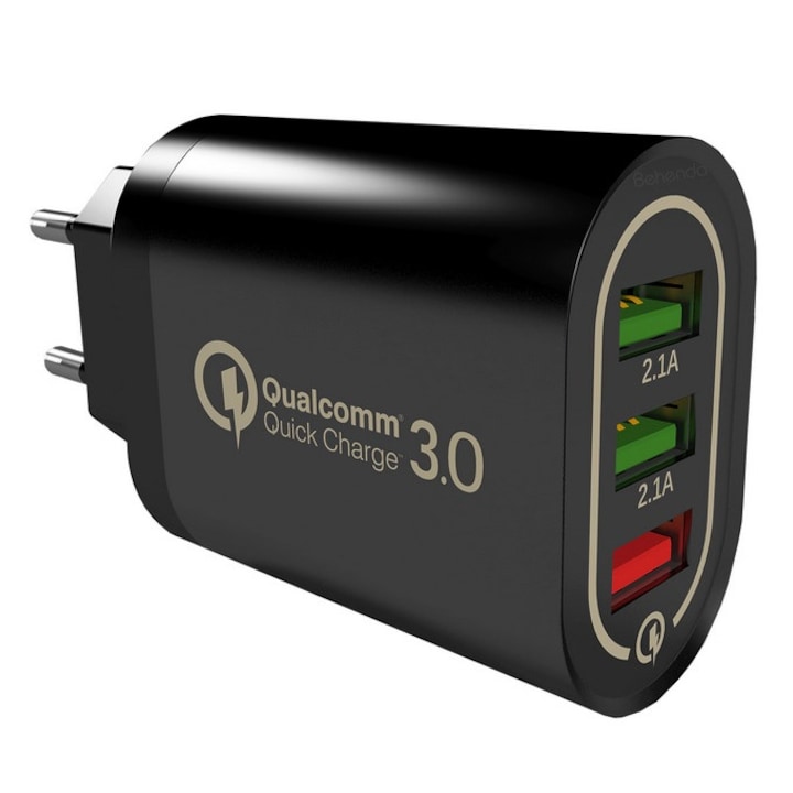 Зарядно устройство Fast Charge Qualcomm 3.0 DAVIDAMI CONCEPT® Black с 3 x USB, съвместимо с iPhone, Samsung, Huawei, Xiaomi