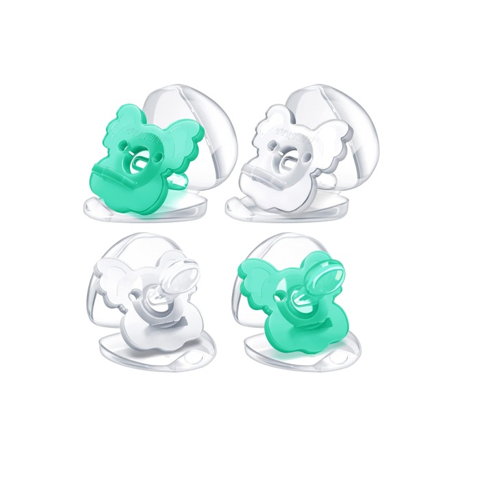 Комплект от 4 бр. залъгалки за бебета 6-18 месеца Tyry.Hu, силиконови, прозрачни/зелени, 5 х 5,5 см