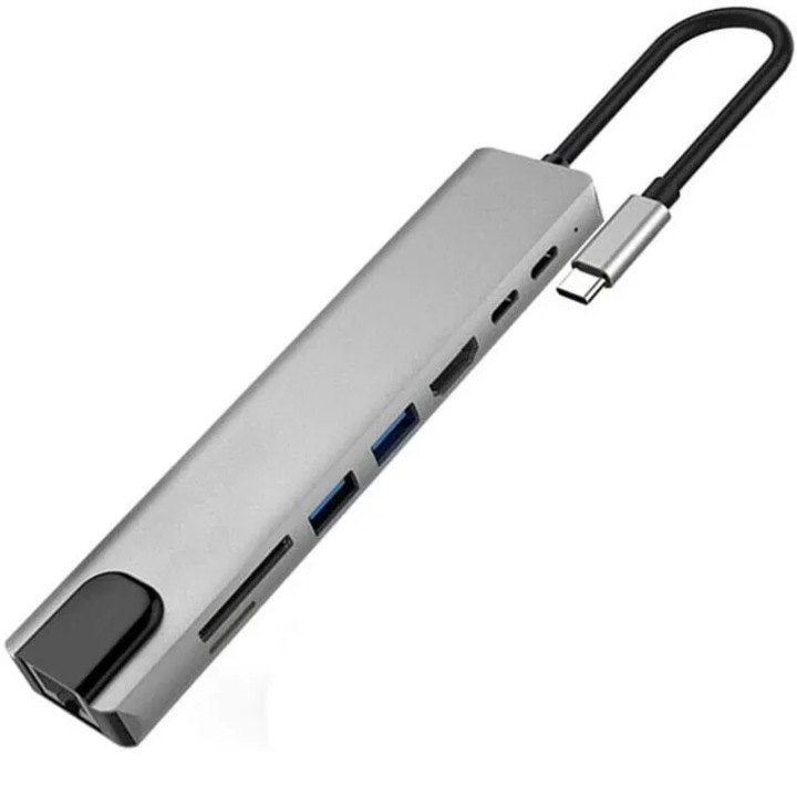 Hub Adaptor Multiport Type-C Pro JusZEN® JSTZ-2023, 2 x USB 3.0, HDMI 4K UHD, LAN, 1x TF, 1 x SD, 1 x USB Type C,1 x Power Delivery Port 87W, 8 in 1, Slim