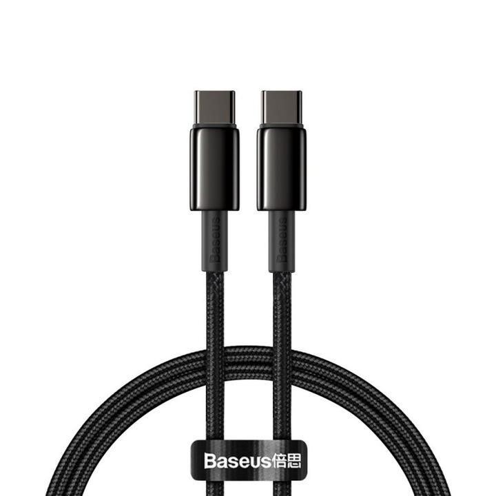 Cablu de incarcare si transfer date, mufa USB Type-C la USB Type-C, Tungsten, 100W, 2m lungime, textil, Negru