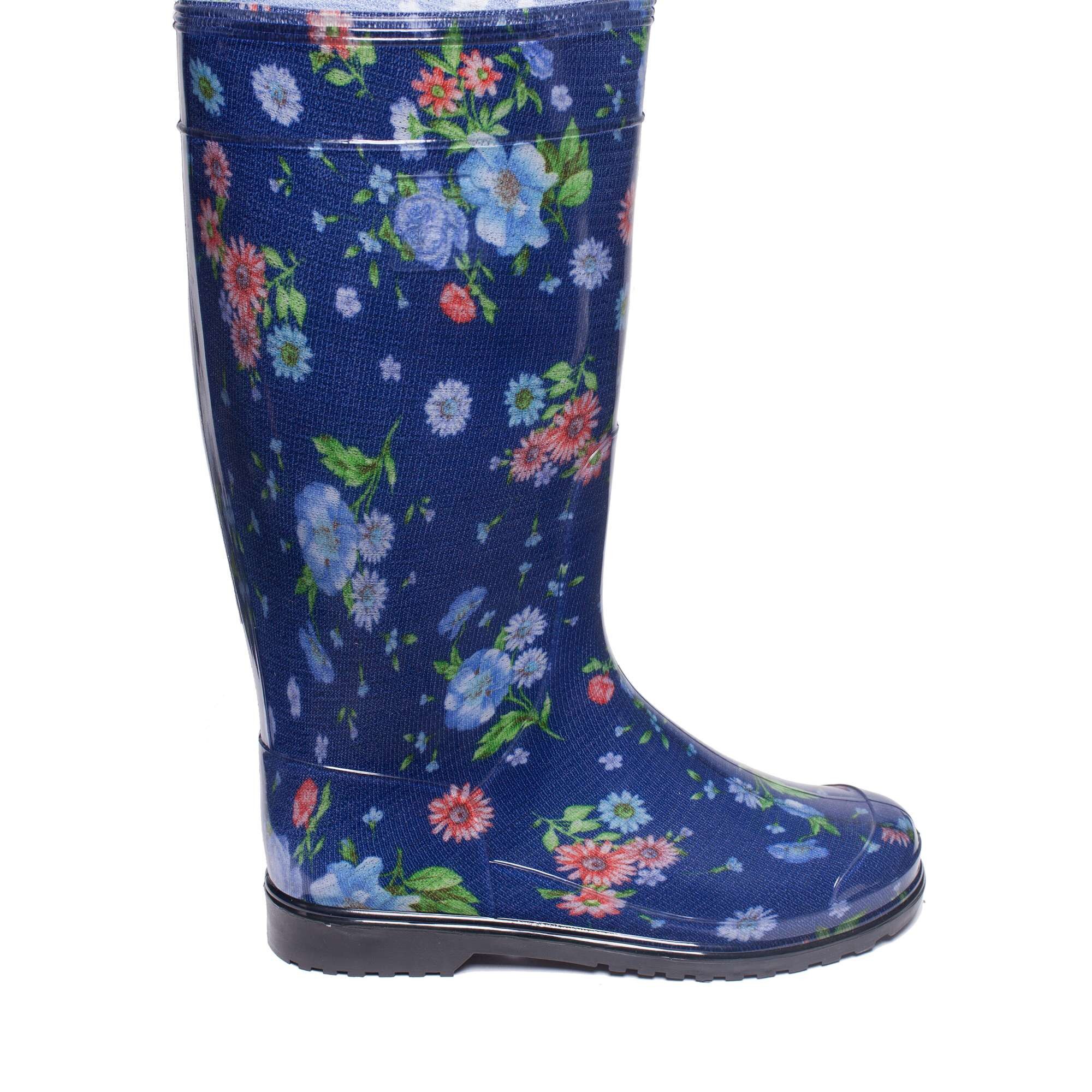 Cizme de cauciuc imprimeu MACES pe fundal albastru pentru dame, OLDCOM