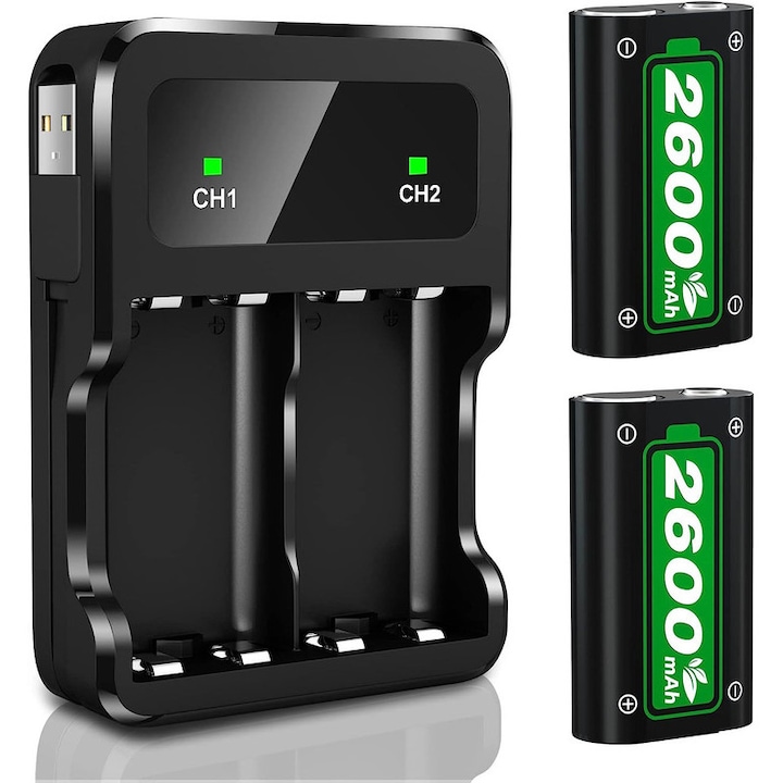 Комплект 2 акумулаторни батерии за Xbox, Jeswo, 2x2600mAh, черни