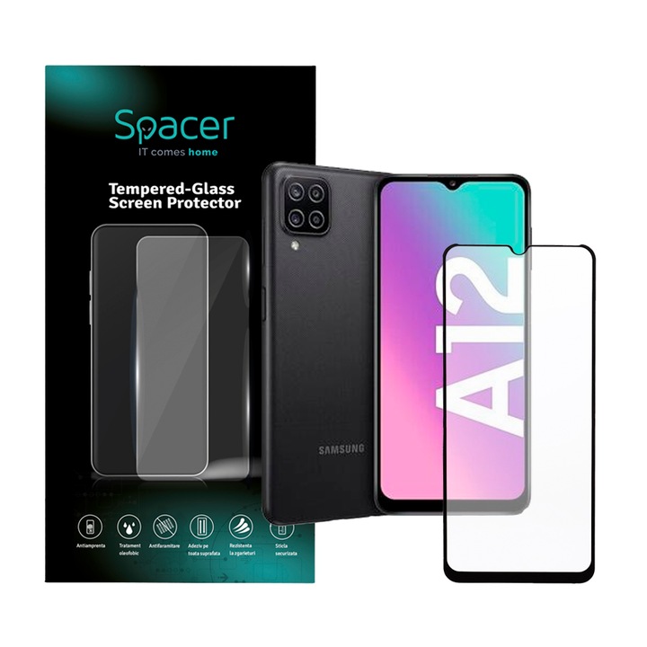 Folie de protectie Spacer pentru Samsung Galaxy A12, sticla 9D, duritate 9H, Tempered Glass