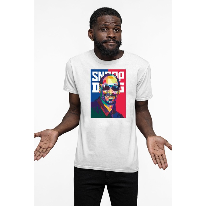Tricou personalizat pentru barbati cu imprimeu, Snoop Dog model 4, Bumbac, Alb, M