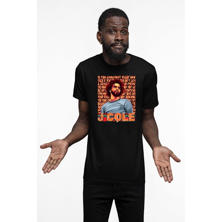 Tricou personalizat pentru barbati cu imprimeu, J Cole, Bumbac, Negru, XL