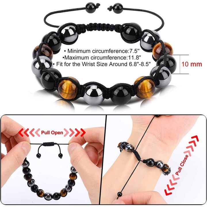 Дамска гривн, черен обсидиан, тигрово око и хематит, 10 мм