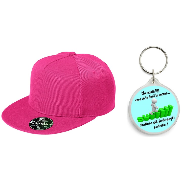 Set sapca unisex, 100% Bumbac, Cozoroc drept cusut, Banda absorbanta a transpiratiei, Reglabila, Roz cu Breloc Motivational