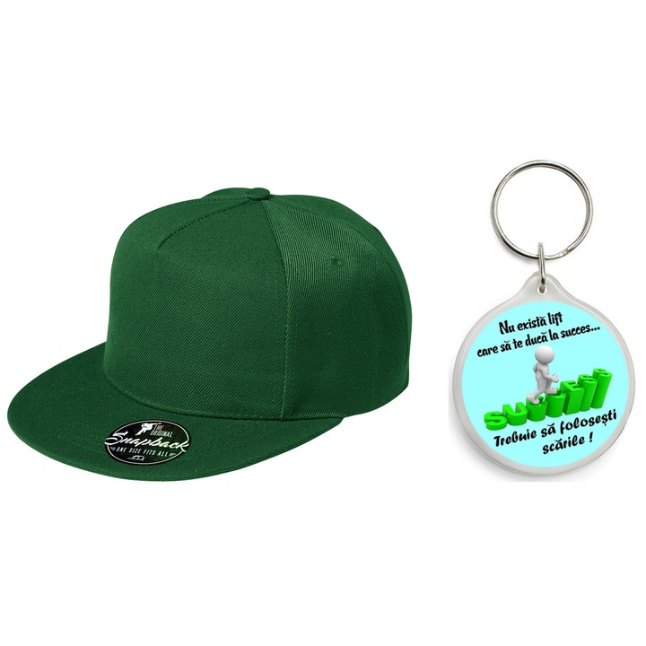 Set sapca unisex, 100% Bumbac, Cozoroc drept cusut, Banda absorbanta a transpiratiei, Reglabila, Verde cu Breloc Motivational