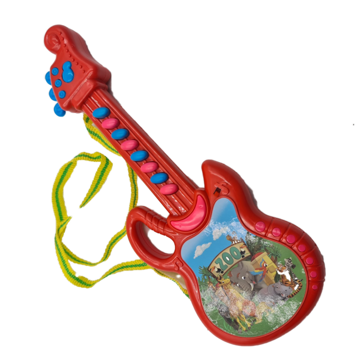 Gyermek játék gitár nyakpánttal, hangokkal, 30 cm, piros, Dalimag
