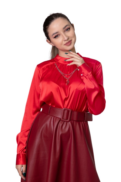 Bluza rosie eleganta cu lantisor decorativ, Bumbac, 42 EU