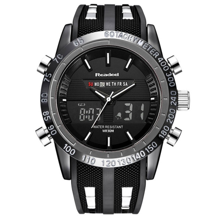 Мъжки часовник, Readeel, Кварц/Неръждаема стомана/Силикон, 24 см, Черен/Сребрист