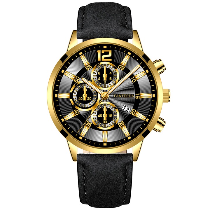 Мъжки часовник, Fanteeda, Nico, Неръждаема стомана/Синтетика, Черно/Злато
