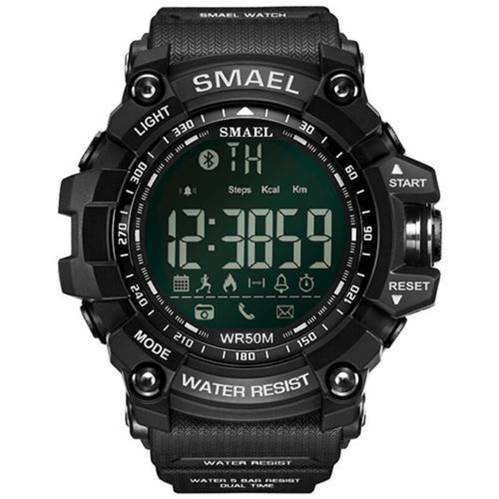Мъжки смарт ръчен часовник, SMAEL EXTRA, Силикон, Bluetooth Quartz, Черен