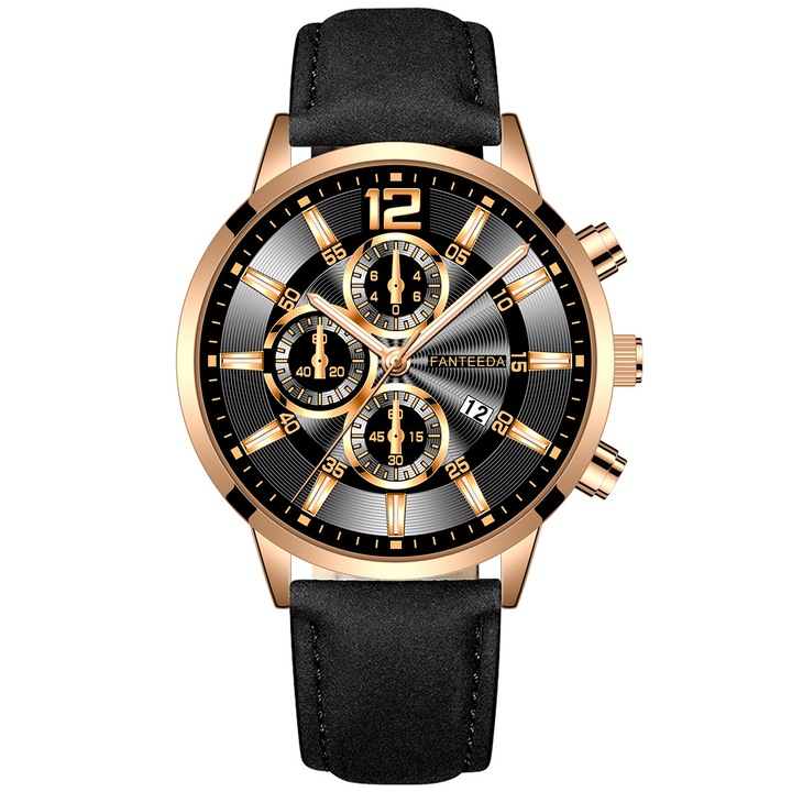Мъжки часовник, Fanteeda, Nico, Неръждаема стомана/Синтетика, Кварц, Черно/Розово злато