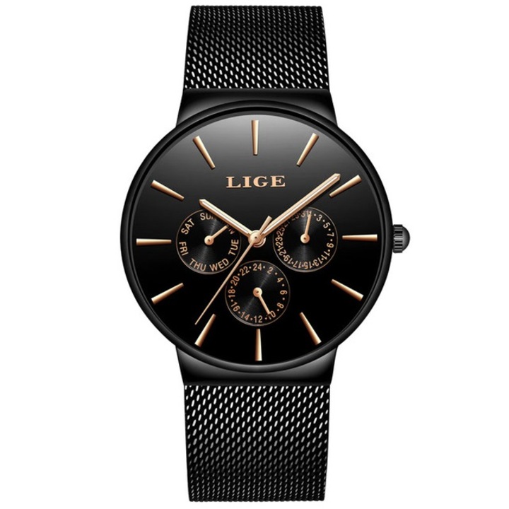 Férfi karóra, Lige, rozsdamentes acél, kvarc, fekete