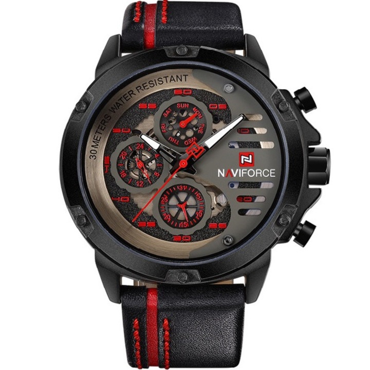 Professzionális karóra, NAVIFORCE, rozsdamentes acél, kvarc, fekete/piros