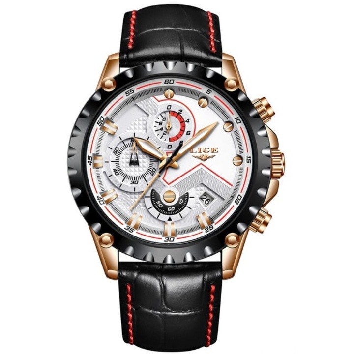 Karóra, LIGE Luxury, rozsdamentes acél/természetes bőr, kvarc, fekete/fehér