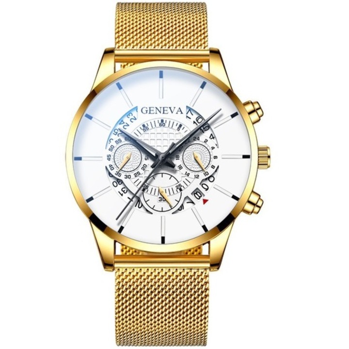 Мъжки часовник, Женева, Ханк, Неръждаема стомана, Кварц, Злато/Бяло