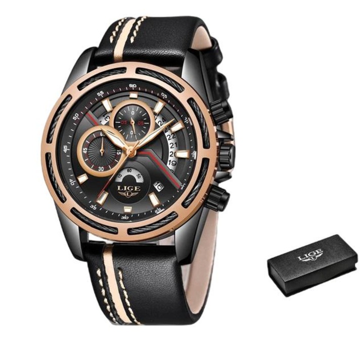 Férfi karóra, lige, kerekek rozsdamentes acél/bőr, kvarc, fekete/arany