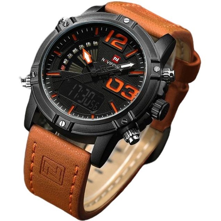 Férfi karóra, Naviforce, Warrior, Rozsdamentes acél/Természetes bőr, Kvarc, Fekete/barna