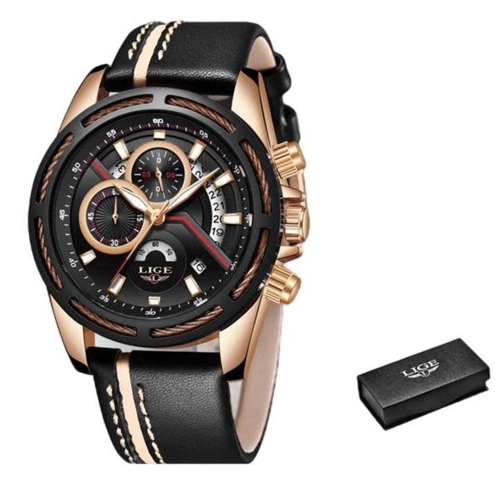 Férfi karóra, Lige, Kerekek, Rozsdamentes acél/Természetes bőr, Kvarc, Fekete