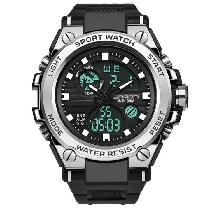 Мъжки часовник, SANDA, Кварц, Неръждаема стомана/Силиций, 24 см, Черен/Сребрист