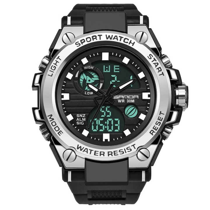 Мъжки часовник, SANDA, Кварц, Неръждаема стомана/Силиций, 24 см, Черен/Сребрист