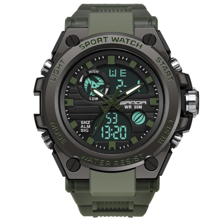 Мъжки часовник, SANDA, Кварц, Неръждаема стомана/Силиций, 24 см, Зелено/черно