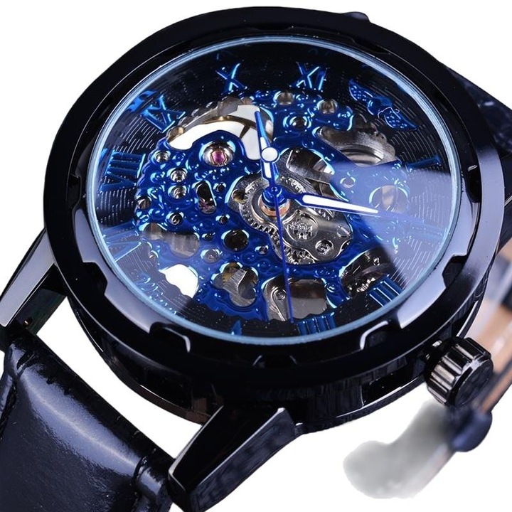 Мъжки часовник, Winner, Механичен, Неръждаема стомана/Естествена кожа, Черен/Син