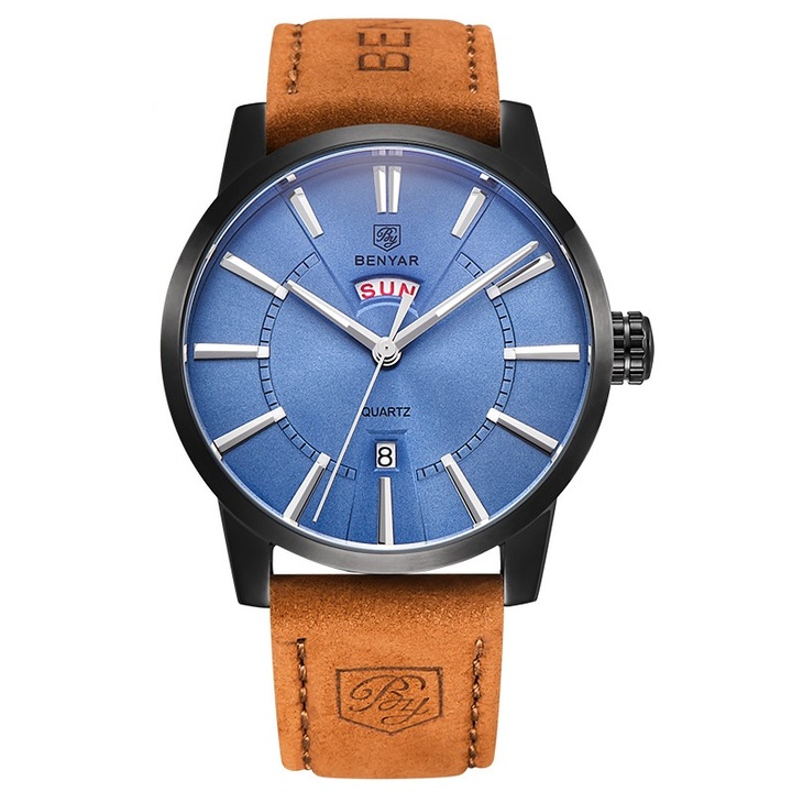 Ugo modell férfi karóra, BENYAR, Kvarc, Rozsdamentes acél/Természetes bőr, 24 cm, Kék/Barna