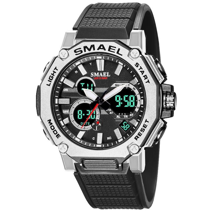 Мъжки часовник, SMAEL, Кварц, Неръждаема стомана/Силикон, 25 см, Черен/Сребрист