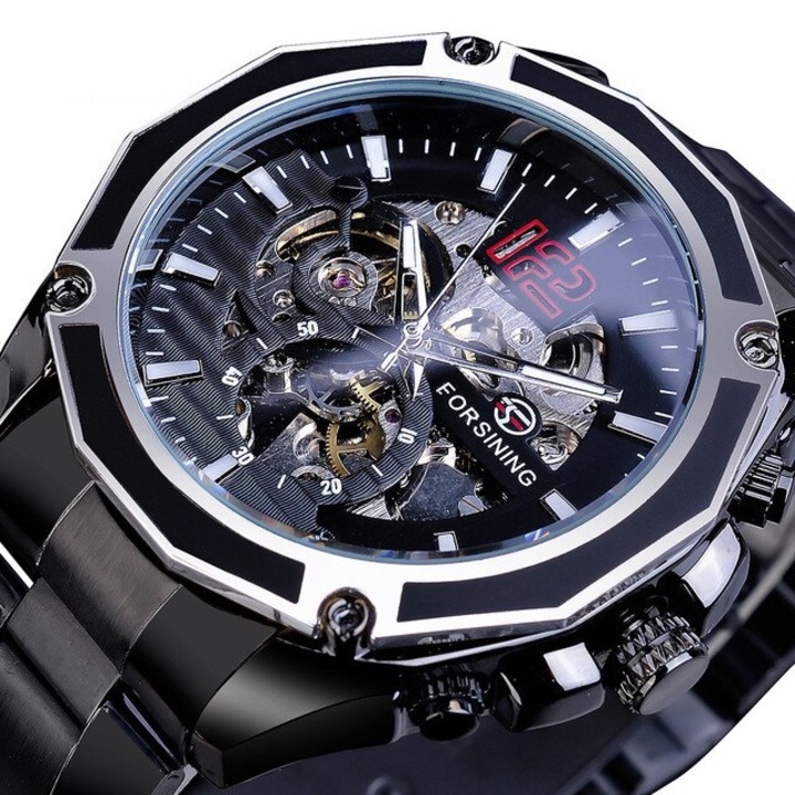 Диамантен часовник FORSINING-Черен KP14577, автоматичен, неръждаема стомана, инокс