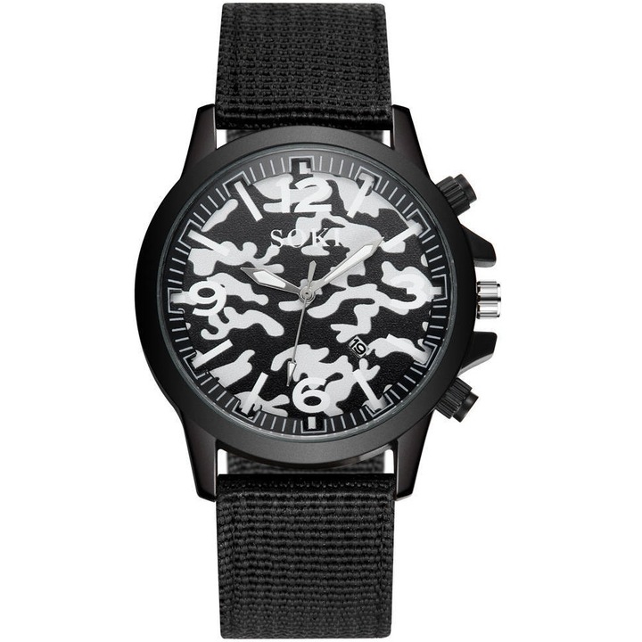Ceas barbati, Soki, Otel inoxidabil/Nailon, Negru