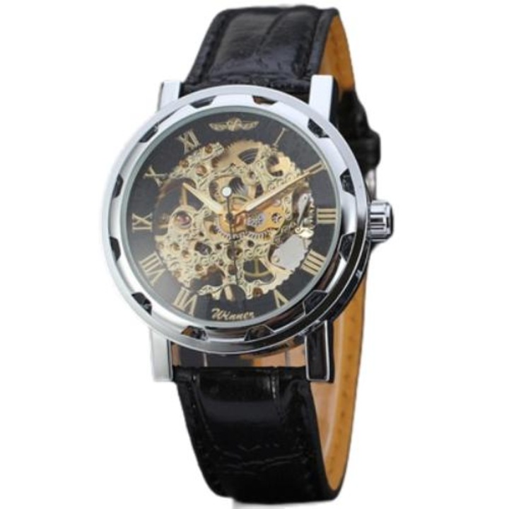 Мъжки часовник, Winner, Автоматичен, Неръждаема стомана/Естествена кожа, 23 см, Черен/Сребрист