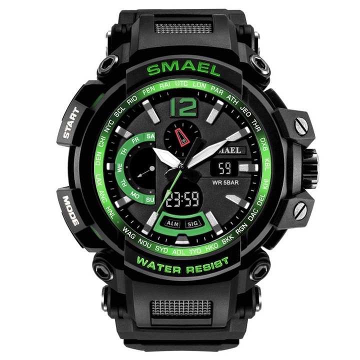 Модел мъжки часовник Tom, SMAEL, Кварц, Силикон, 22 см, Черен/Зелен