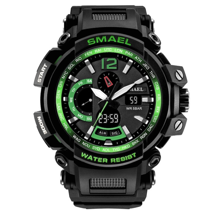 Модел мъжки часовник Tom, SMAEL, Кварц, Силикон, 22 см, Черен/Зелен