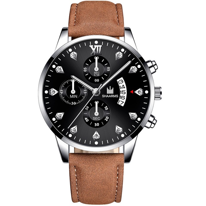 Quido férfi karóra, Shaarms, kvarc, rozsdamentes acél/szintetikus bőr, 25 cm, barna/ezüst