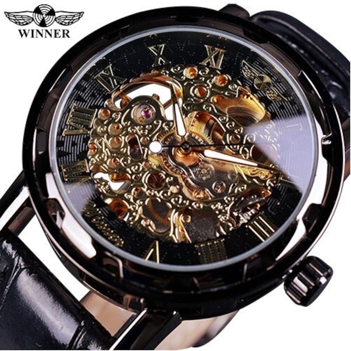 Часовник Winner Rey-Black KP14452, Автоматичен, Неръждаема стомана, Естествена кожа