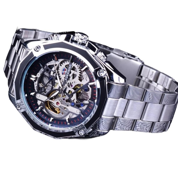 Férfi karóra, Forsining, Rozsdamentes acél, Ezüst