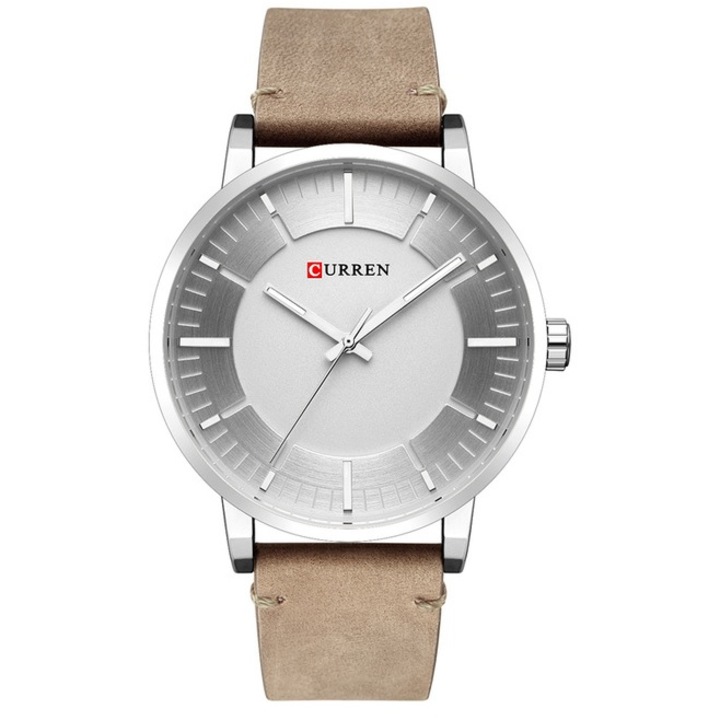 Carl Karora-Brown férfi óra, CURREN, kvarc, rozsdamentes acél/természetes bőr, 23 cm, ezüst/bézs