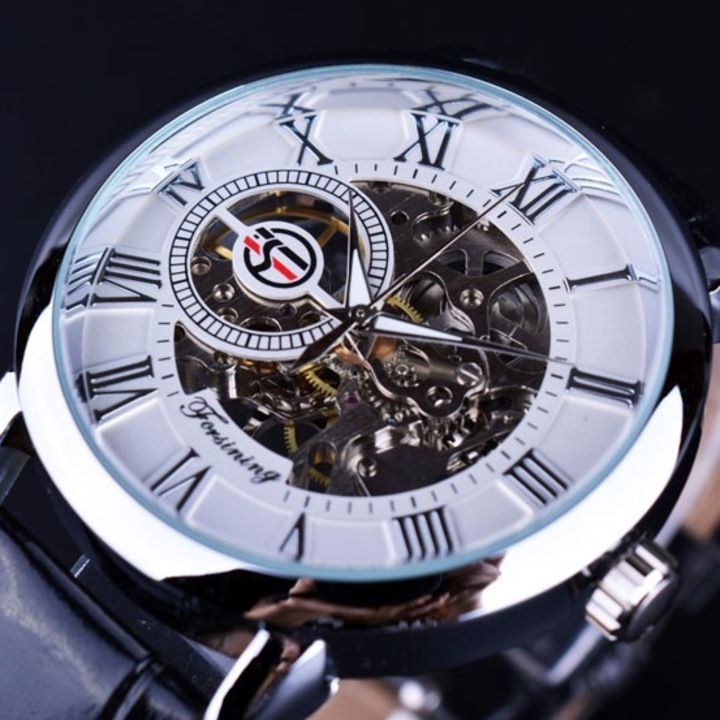 Ceas barbatesc IZMAEL Gold Skeleton, automat, otel inoxidabil, alb/argintiu, 4cm x 4,2cm x 1cm, curea EKO piele, 21cm