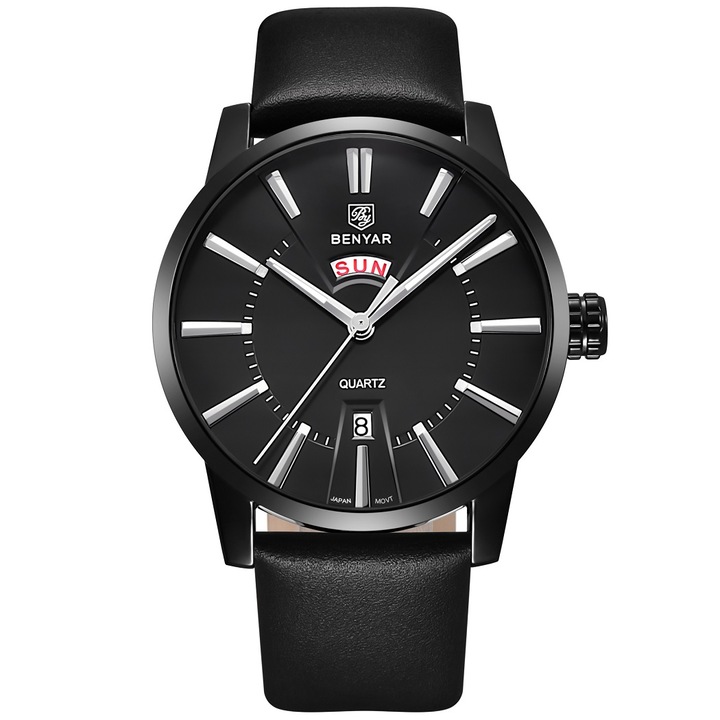 Ugo modell férfi karóra, BENYAR, Kvarc, Rozsdamentes acél/Természetes bőr, 24 cm, Fekete