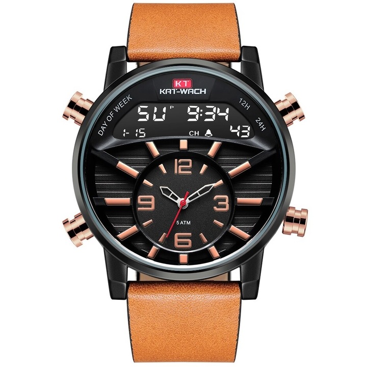 Férfi karóra, Kat-Wach, Rozsdamentes acél/szintetikus bőr, fekete/barna