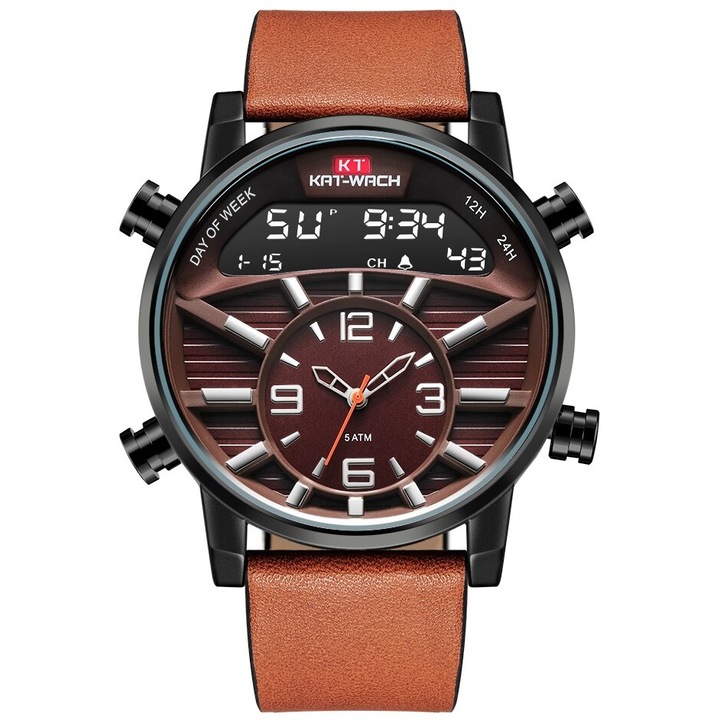 Мъжки часовник, Kat-Wach, Кварц, Неръждаема стомана/Синтетична кожа, 22 см, Тъмно кафяв