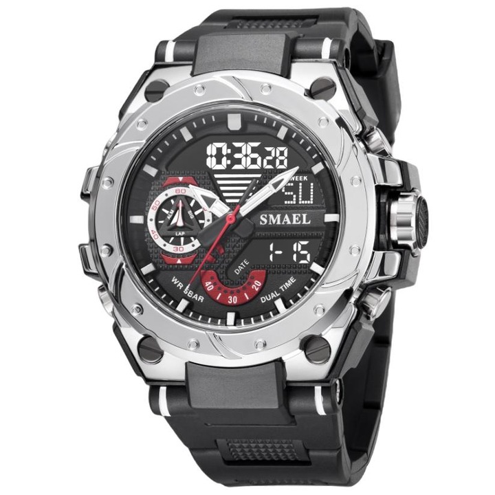 Мъжки часовник Grand модел, SMAEL, Кварц, Неръждаема стомана/Силиций, 22 см, Черен/Сребрист