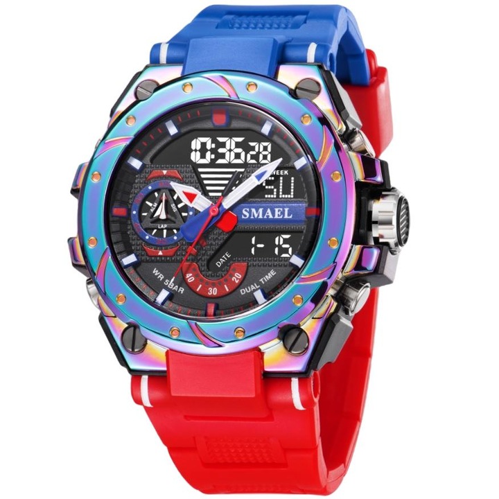 Férfi sportóra Smael Sport Shock, Dupla idő, Kronográf, Kék / Piros