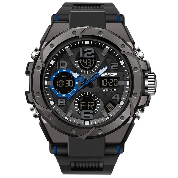 Férfi karóra, SANDA, Kvarc, Rozsdamentes acél/Szilikon, 24 cm, Fekete