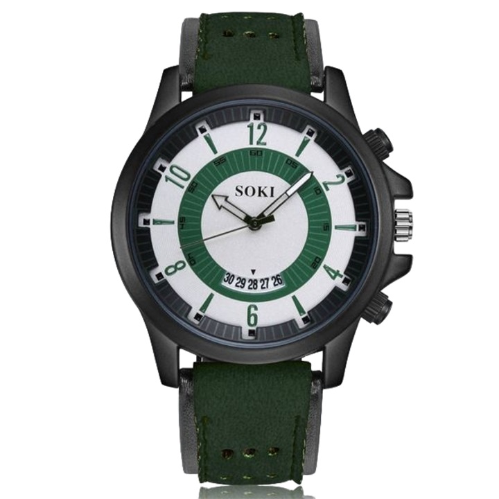 Férfi karóra, Soki, Kvarc, Rozsdamentes acél, Fekete/zöld