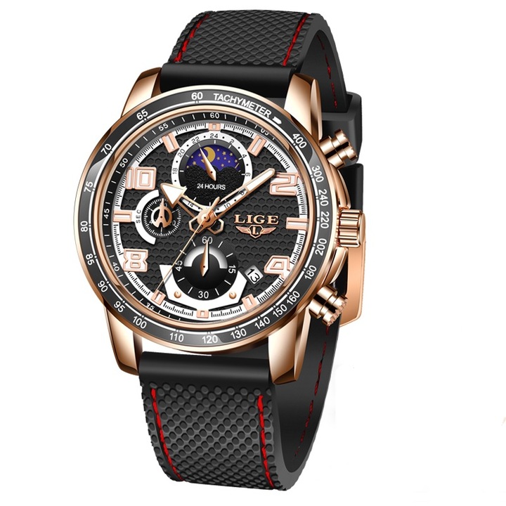 Férfi karóra, Lige, Rozsdamentes acél/Szilikon, Fekete/Arany